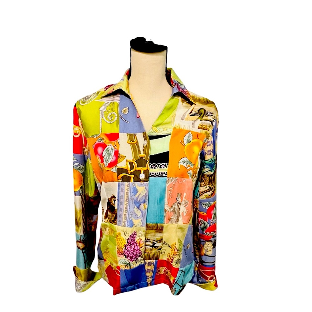 VTG J McGlaughlin Silk Collage Print Blouse Sz 6 - Picture 1 of 12